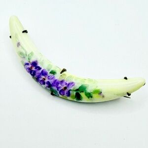 Antique Hand Painted Porcelain  Floral Crescent Moon  brooch